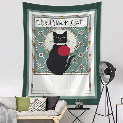 Teal and gold black cat tarot tapestry with red circular design and ornate green white border for bedroom decorbites black cat decor