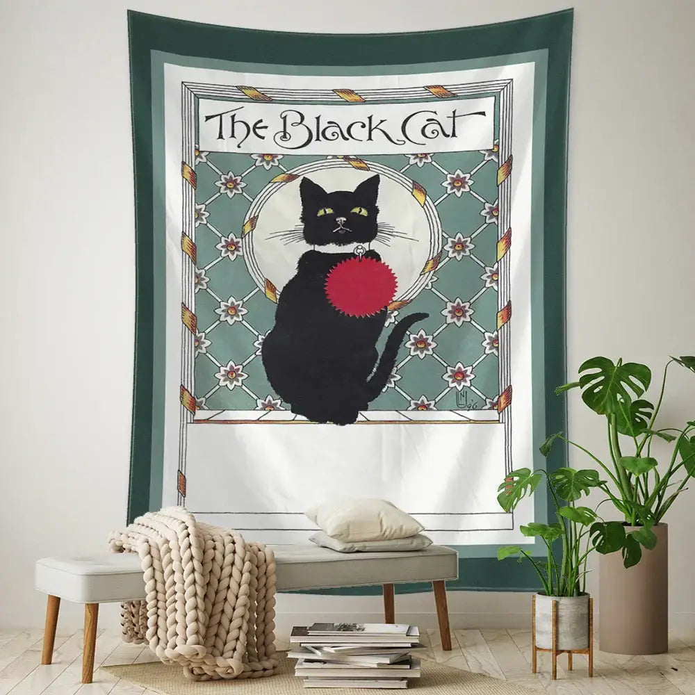 Teal and gold black cat tarot tapestry with red circular design and ornate green and white border for bedroom decorbites black cat