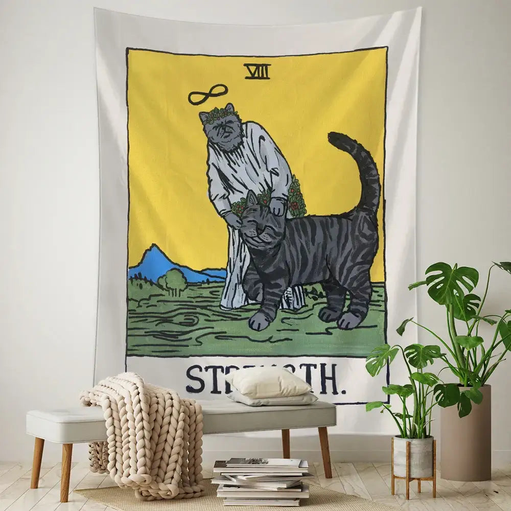 Whimsical yellow and green cat tarot tapestry decorbites black cat tarot featuring strength card for bedroom wall decor