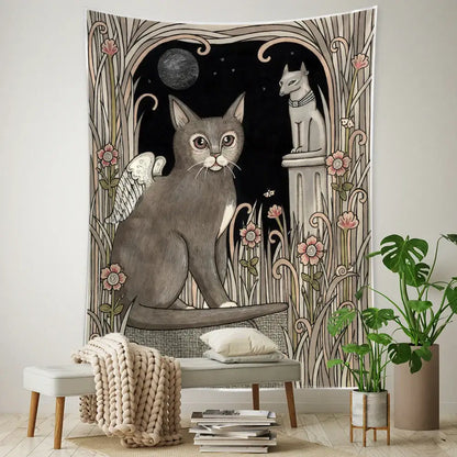 Whimsical gray cat with white wings on stone ledge in floral moonlit black cat tarot tapestry for bedroom decorbites decor
