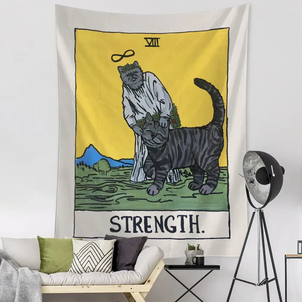 Yellow and white cat tarot tapestry with a cartoon cat holding a striped cat labeled strength viii for decorbites black cat decor