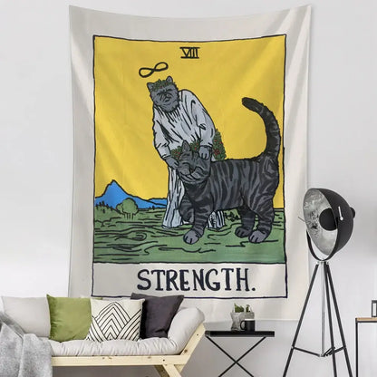 Yellow and white cat tarot tapestry with a cartoon cat holding a striped cat labeled strength viii for decorbites black cat decor