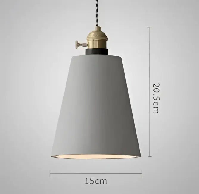 Gray conical pendant light with brass fixture and black cord complementing decorbites blue glass pendant lights for dining room