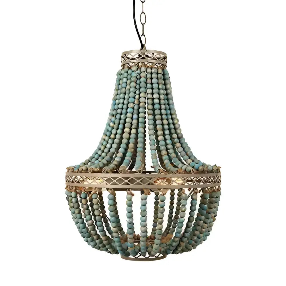 Antique brass pendant light chandelier adorned with cascading teal blue wood beads for bedroom decorbites blue wood beads