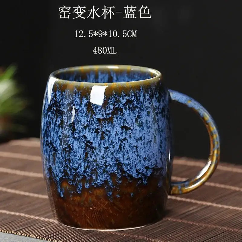 Teal and brown crackle glaze 480ml ceramic mug with glossy gradient finish for kitchen coffee use
