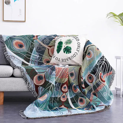 Cozy teal sofa blanket with vibrant dustproof butterfly carp pattern and fringed edges for living room use