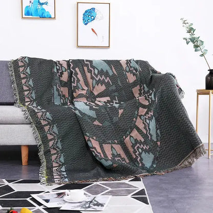 Cozy textured sofa blanket with dustproof butterfly carp pattern in dark green pink and teal with fringed edges