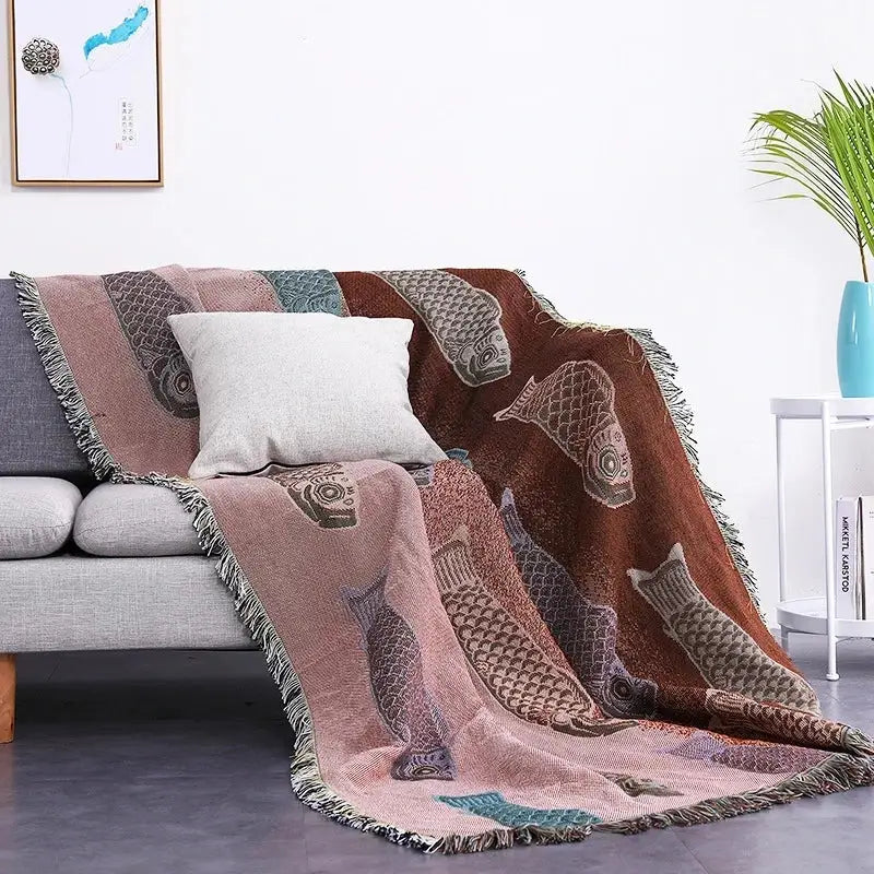 Teal butterfly carp pattern sofa blanket in earthy tones with dustproof butterfly carp design for living room use