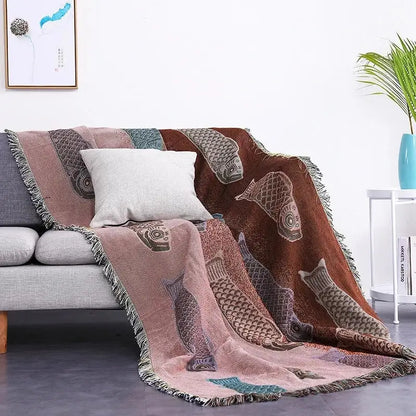 Teal butterfly carp pattern sofa blanket in earthy tones with dustproof butterfly carp design for living room use