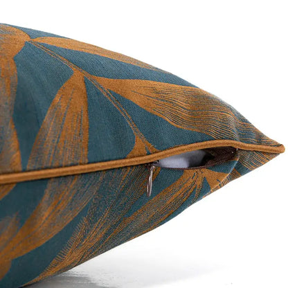 Teal and gold banana tree leaves jacquard cushion cover with zipper closure for living room decor
