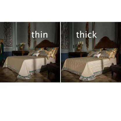 Cream-colored satin bedding set with gold and teal embroidered trim made from 200s egyptian cotton