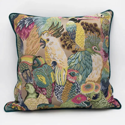 Teal and gold tropical zebra jacquard sofa pillowcase set with colorful embroidered birds on beige decorbites jacquard sofa
