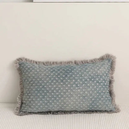 Teal and gray denim fringed cushion cover with light blue fabric white dot pattern and soft gray fringe for decorbites decorbites denim fringed cushion