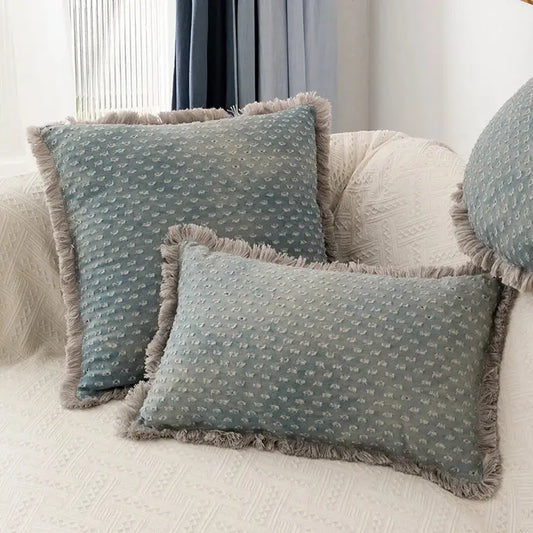 Soft teal cushion cover with textured dotted fabric and frayed gray edges decorbites denim fringed cushion for living room decor