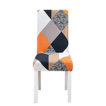 A modern dining stretch chair cover with vibrant orange black white gray and beige geometric decorbites geometric stretch fabric