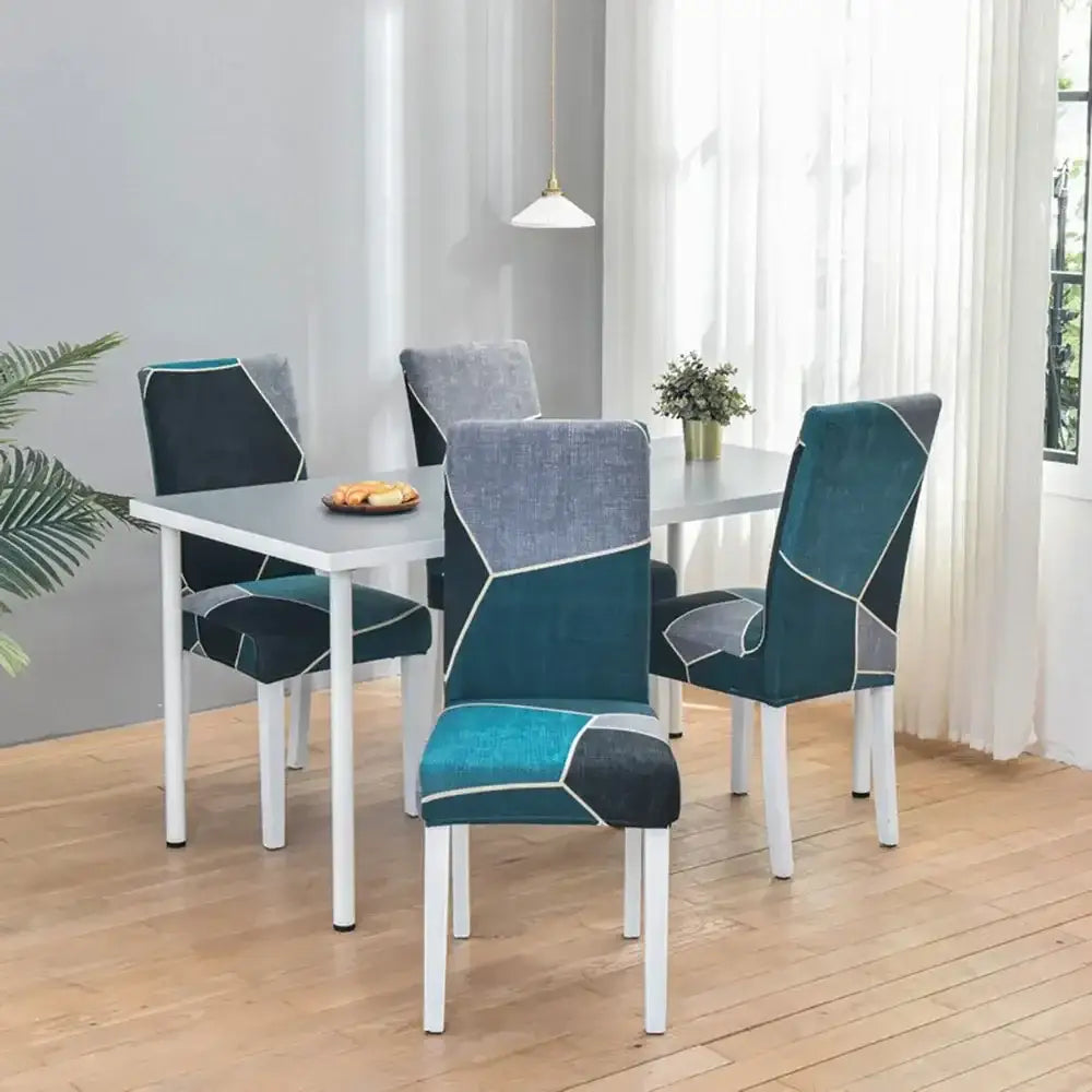 Teal and gray geometric stretch chair cover with white stitching for dining room decorbites geometric stretch slipcover