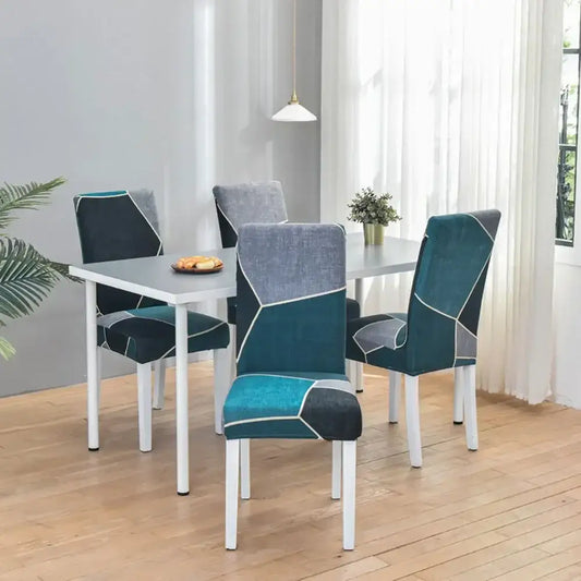 Teal and gray geometric stretch chair cover with white stitching for dining room decorbites geometric stretch slipcover