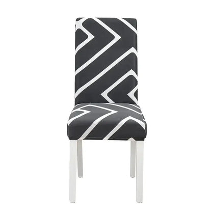 Teal and gray geometric stretch chair cover on black and white geometric-patterned modern dining chair decorbites geometric stretch