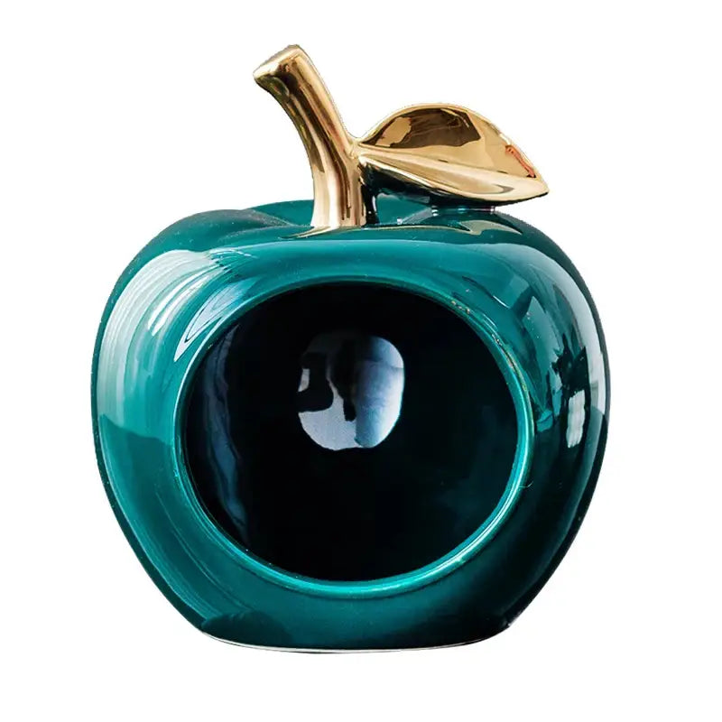 Teal ceramic apple storage box with gold toned stem and leaf for living room decorative storage box