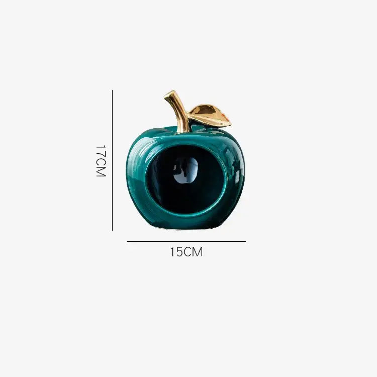 Glossy teal ceramic apple storage box with gold plated stem and leaf for living room decor and apple storage