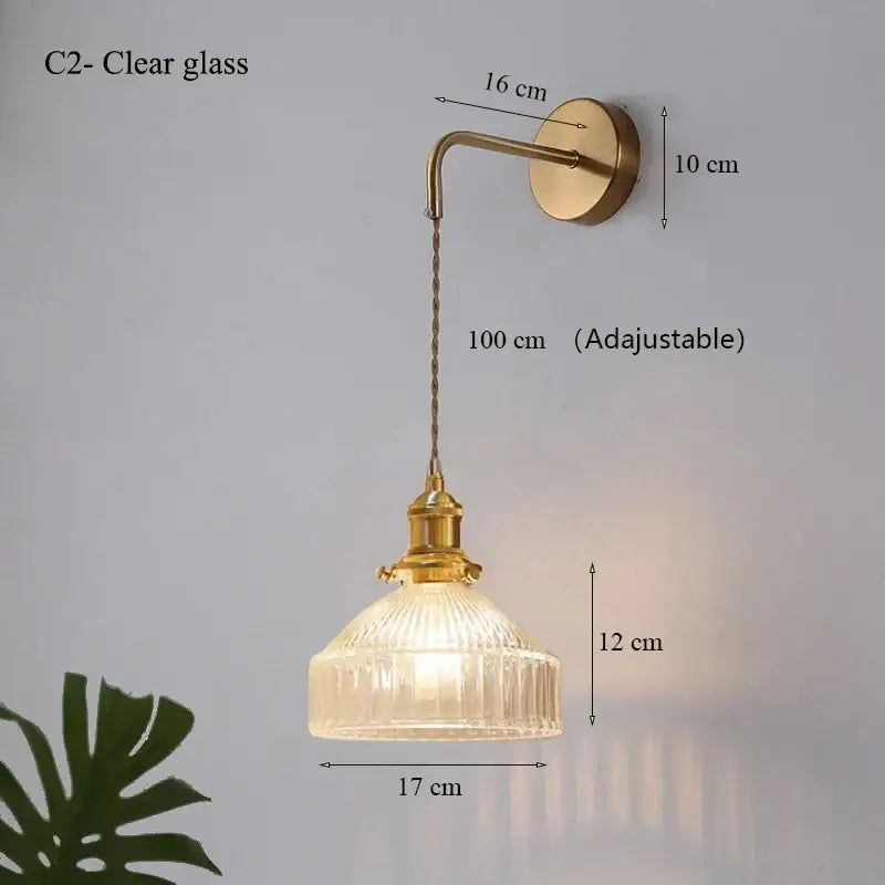 Teal ribbed glass shade led wall lamp with brass arm and adjustable chain for luxury living room decor