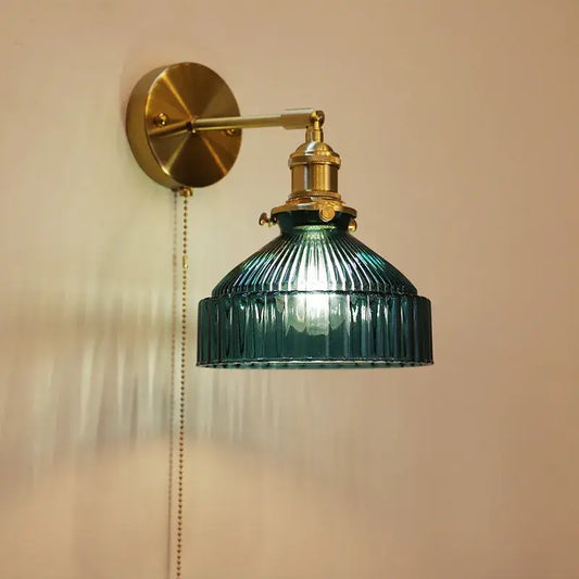 Teal ribbed glass shade led wall lamp with brass finish and chain switch for luxury living room decor