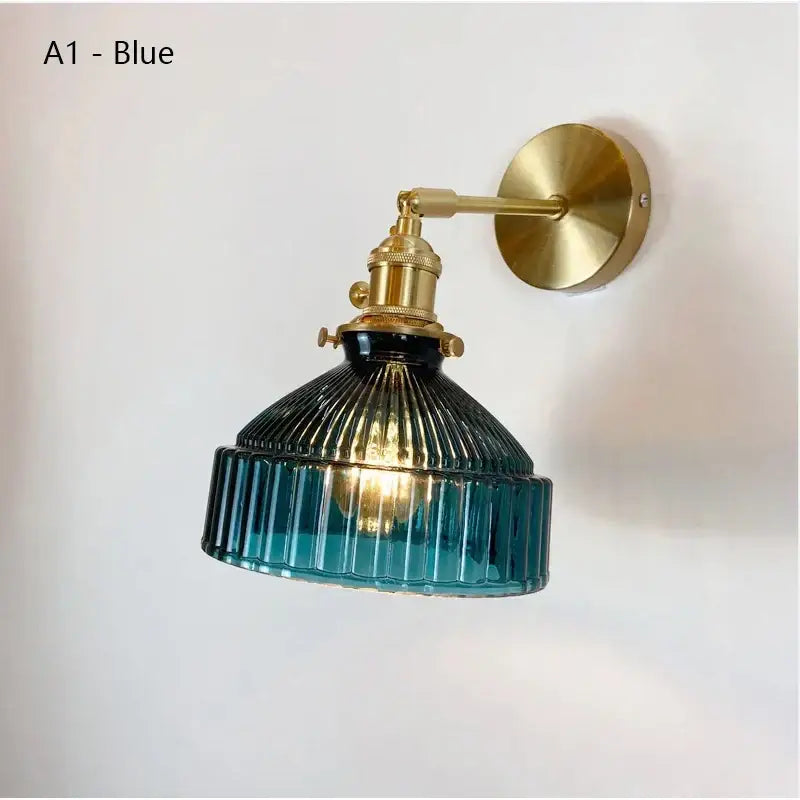 Teal ribbed glass shade led wall lamp with brass hardware for luxury living room decor and ambient lighting