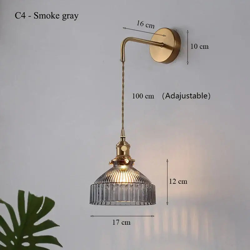 Smoke gray wall lamp with brass arm and chain featuring a ribbed teal glass shade led for luxury living room decor