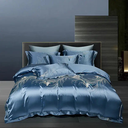 Luxurious satin blue bedding set with gold leaf embroidery in teal and silver geometric 1000tc egyptian cotton design