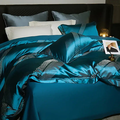 Teal satin duvet cover bedding set with silver geometric accents made from 1000tc egyptian cotton for bedroom use
