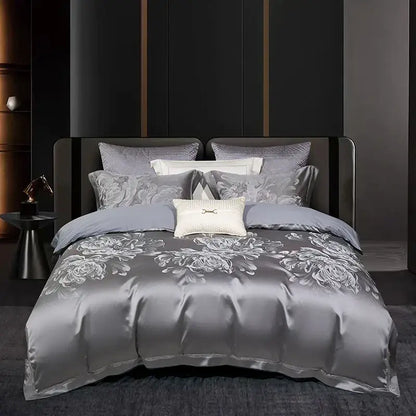 Elegant silver-gray satin duvet cover with white floral embroidery and cream pillow from 1000tc egyptian cotton bedding set