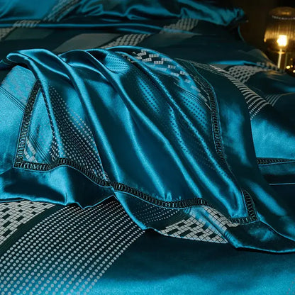 Teal satin bedspread with black and white geometric patterns in a 1000tc egyptian cotton bedding set