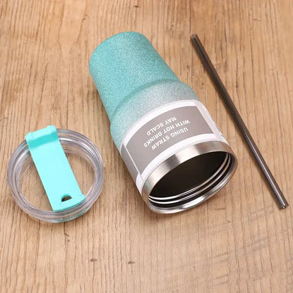 Teal and silver glitter decorbites coffee cup thermos insulated mug with clear lid and turquoise silicone sipping tab