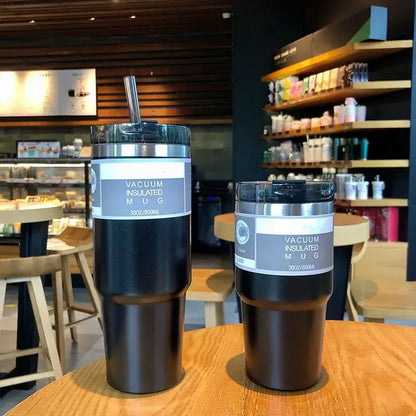 Black decorbites coffee cup thermos with silver lids and clear straw 30oz and 20oz insulated mugs for kitchen use