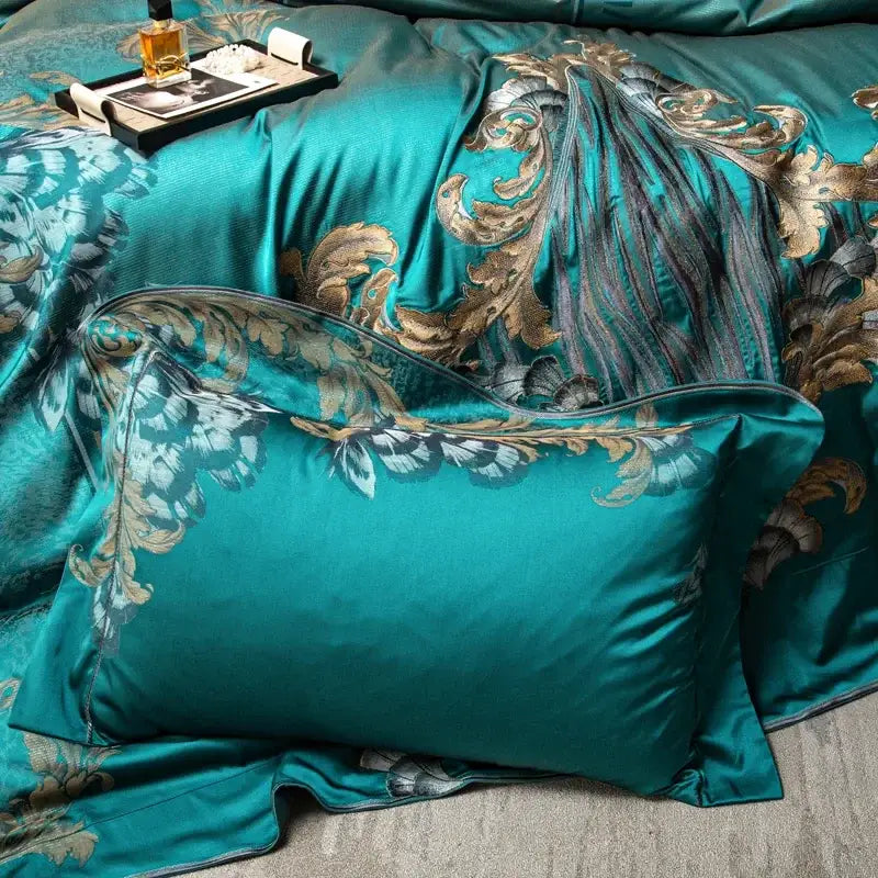 Teal satin bedding set with gold and silver embroidered floral patterns decorbites 1200tc jacquard bedding