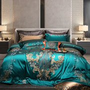 Teal satin bedding set with gold and silver floral embroidery decorbites 1200tc jacquard for elegant bedroom decor