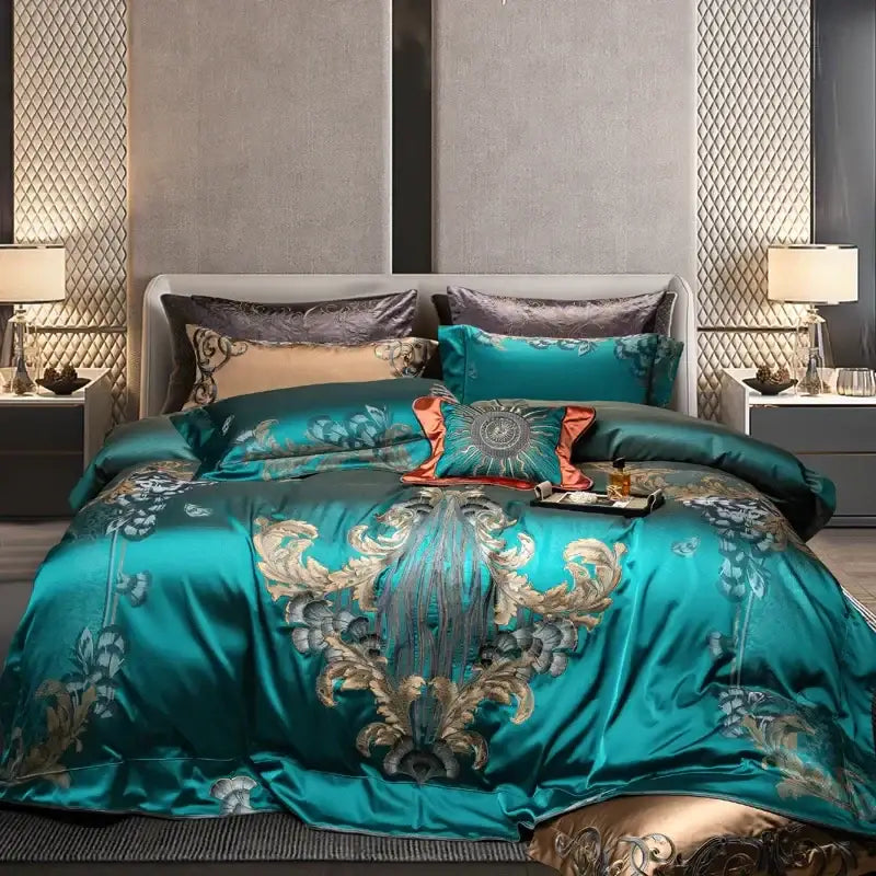 Teal satin bedding set with gold and silver floral embroidery decorbites 1200tc jacquard for elegant bedroom decor