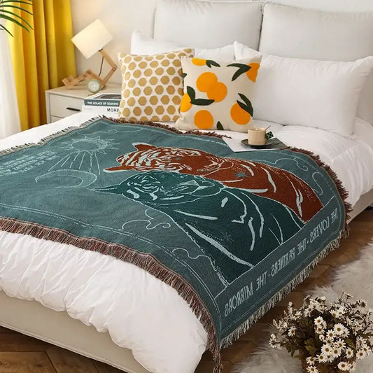 Teal tiger knitted nordic outdoor sofa blanket with embroidered design and fringed edges for living room decorbites use