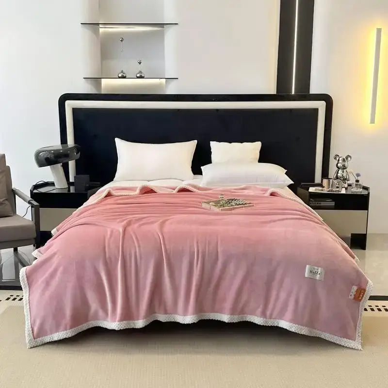 Teal and white cozy flannel nap blanket with pink plush and white lace trim for comfortable bedroom use