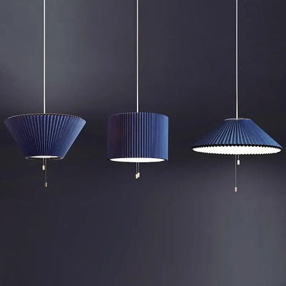 Three elegant navy blue pleated pendant lamps with decorbites deformed fabric umbrella design and metallic pull chains