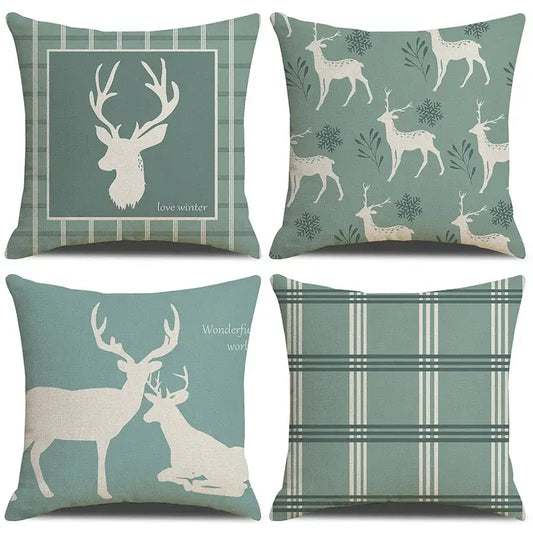 Set of four teal and white deer grid line pillowcases with plaid patterns for living room decorbites deer grid decor