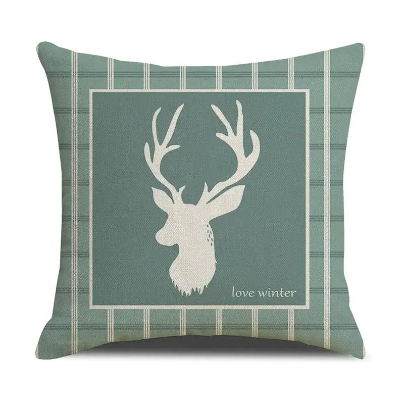 Teal plaid throw pillow with white deer silhouette and love winter phrase in decorbites deer grid line pillowcase set