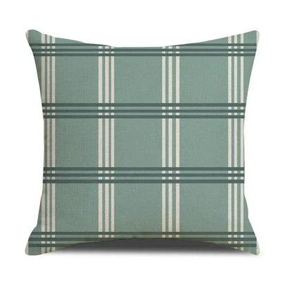 A square throw pillow with a soft sage green base and cream and dark teal deer grid line plaid pattern decorbites grid line pillowcase cover