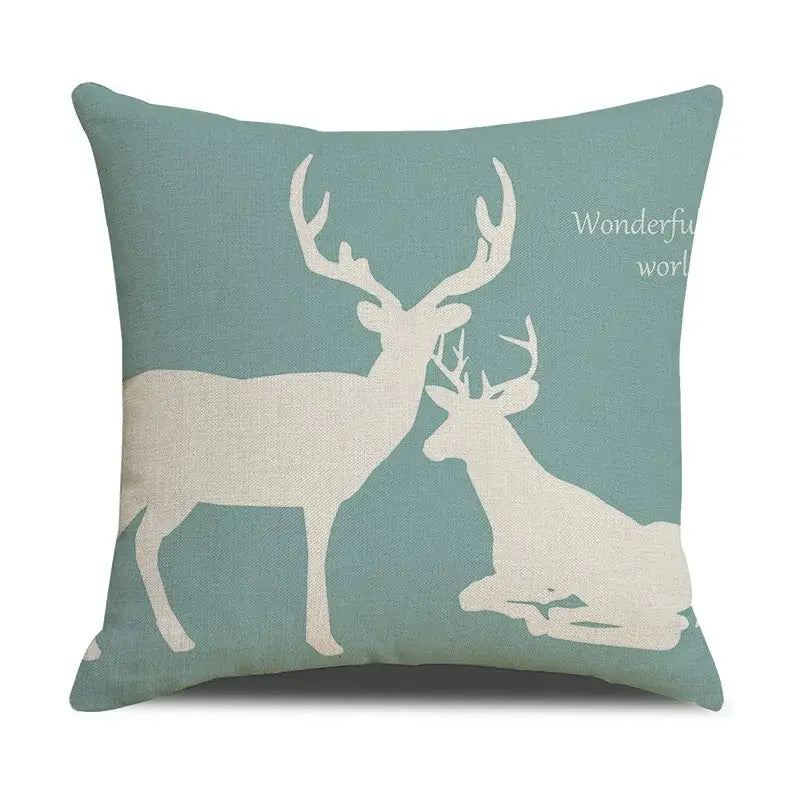 Teal linen throw pillow with white deer silhouette and wonderful world text in decorbites deer grid line pillowcase set