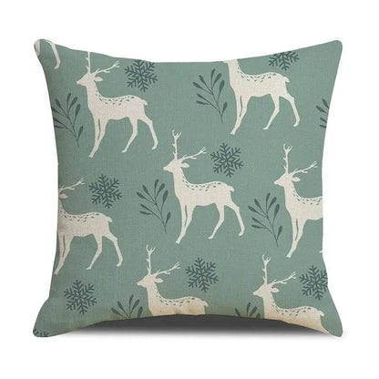 A teal and white deer grid line pillowcase with an elegant deer grid pattern and dark green snowflakes for living room decorbites decor
