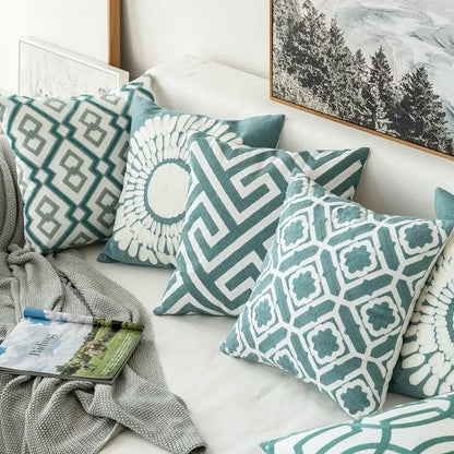 Teal and white embroidered geometric floral cushion cover with pattern for living room throw pillows