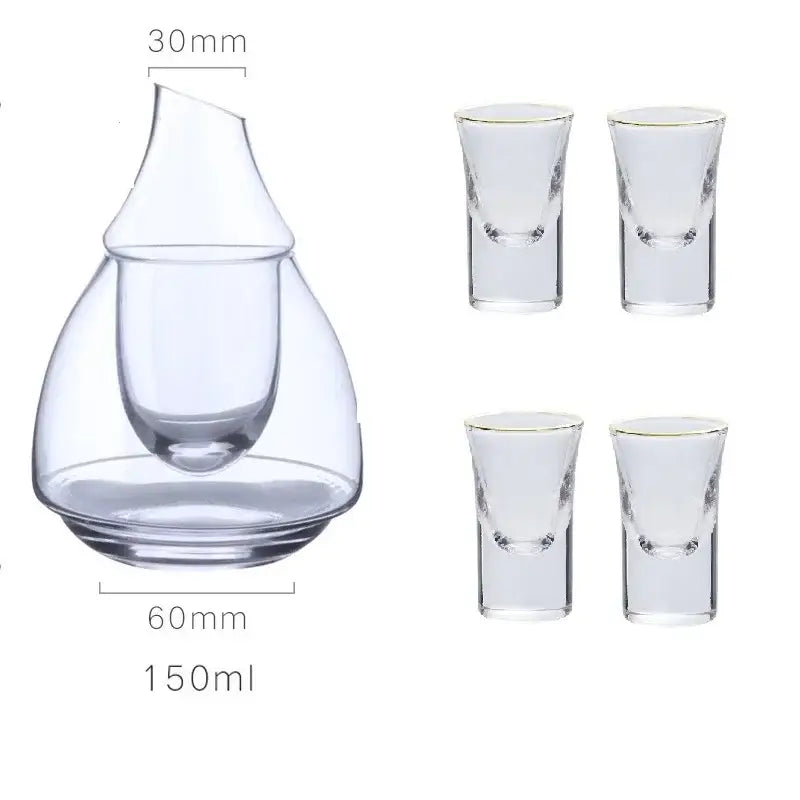 Clear glass wine pot with teardrop shape 150ml decanter and four gold rim shot glasses for dining room and bar
