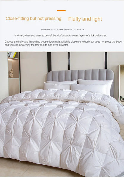 White goose down quilt with plush diamond quilted design and thickened core for warmth and comfort