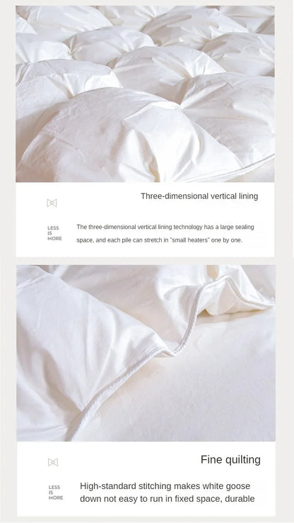White goose down comforter with three-dimensional vertical lining and fine quilting for warmth and comfort