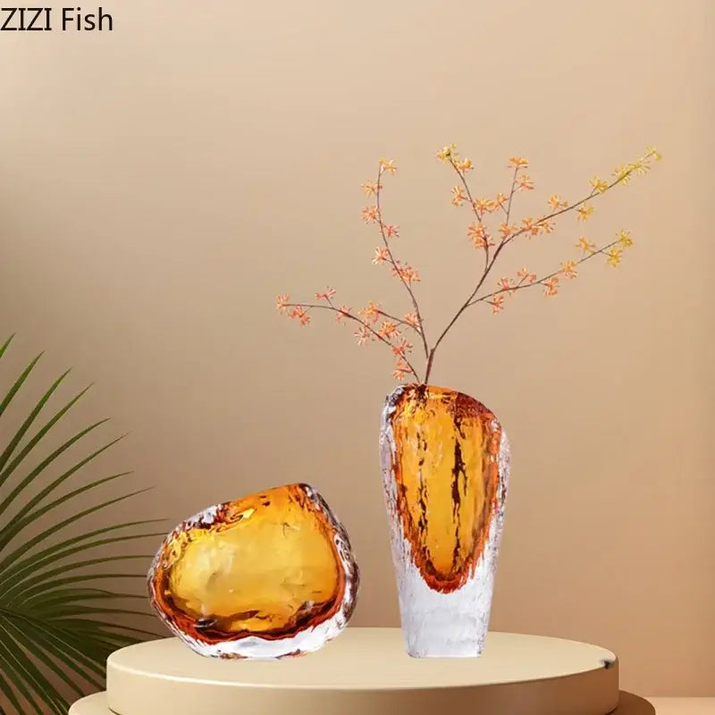 Amber glass vase with frosted white base and textured organic edges for living room decor by decorbites amber glass